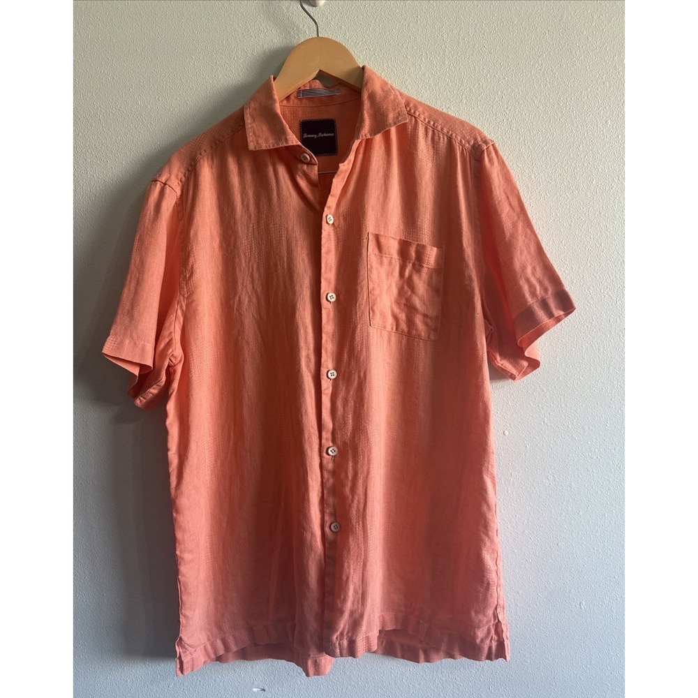 TOMMY BAHAMA 100% Linen Short Sleeve Shirt Sz M Orange Resortwear Vacation